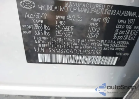 2020 Hyundai Santa Fe Se из США, поврежденный, VIN 5NMS2CAD2LH167857